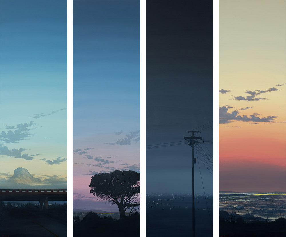 MJ Lourens, Work the land in 4 stages of flux I - IV, 2015, Acrylic on board, 4 x 50 x 180cm